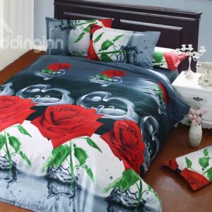 Brilliant Red Rose and Water Print 4-Piece Polyester Duvet Cover Sets