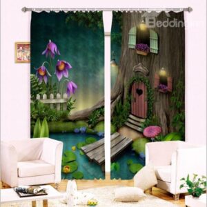 Cozy Tree House and Pond Printing 3D Curtain