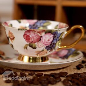 Chic European Afternoon Tea Fine Bone China Porcelain Floral Coffee Mug Teacup with Saucer
