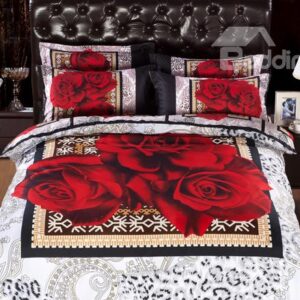 Red Rose with Border Print 6-Piece Duvet Cover Sets