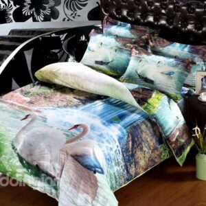 White Swan and Waterfall Print 6-Piece Duvet Cover Sets