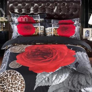 Flourishing Red Rose Print 6-Piece Duvet Cover Sets