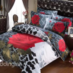 Red Rose with Black Leopard Print 6-Piece Duvet Cover Sets