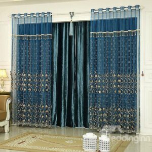 Peacock Blue Flower Embroidered Luxurious Curtain and Sheer