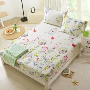 Birds and Flowers with Leaves Cotton Fitted Sheet
