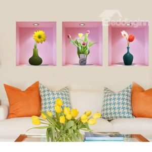 Stunning Flowers in Vase Pattern 3-Piece 3D Wall Stickers