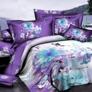 Hot Selling Classic Purple Series With White Flowers Cotton Fitted Sheet