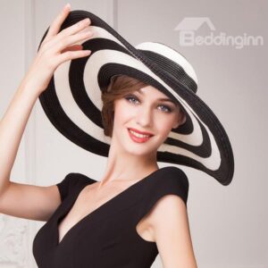 Fashion Broad Brim Women's Summer Beach Striped Floppy Straw Hat