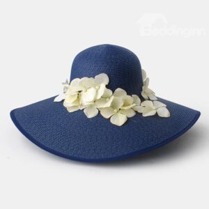 Fashion Broad Brim Women's Summer Beach Flower Decoration Floppy Straw Hat