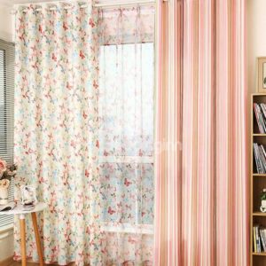 Butterfly Pattern Grommet Top Curtain and Sheer with Different Color Panel