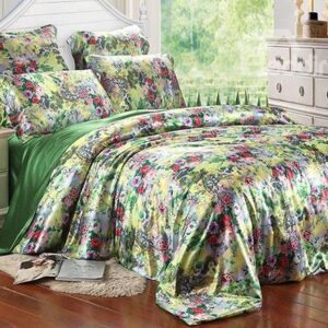 Charming Flower Print 4-Piece Green Duvet Cover Sets