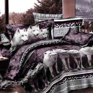 Elegant White Wolves Print 4-Piece Polyester Duvet Cover Sets