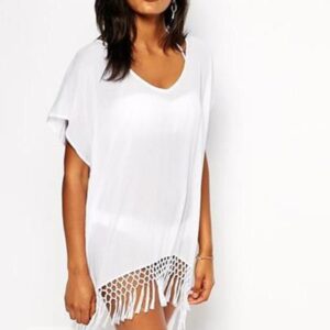 Cozy Fringe-Hem Pearl Chiffon Beach Cover Up
