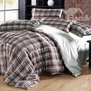 Modern Check Print 4-Piece Silver Duvet Cover Sets