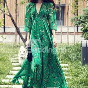 Fantastic Bohemian V-Neck Green Chiffon Beach Maxi