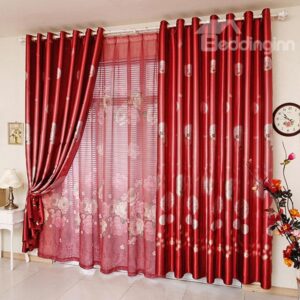 Bright Red Dandelion Print Blackout Grommet Top Curtain and Sheer