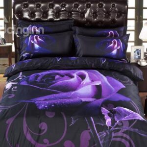 Purple Rose with Dew Print 6-Piece Duvet Cover Sets