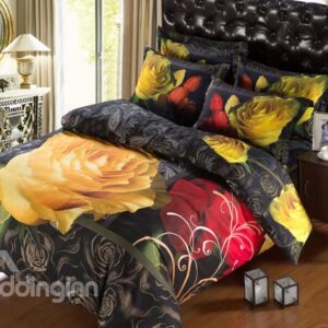 Graceful Red and Yellow Rose Print 6-Piece Duvet Cover Sets