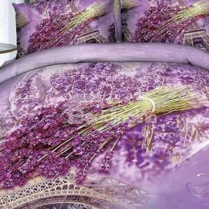 Fragrant Lavender and Eiffel Tower Print 4-Piece Cotton Duvet Cover Sets