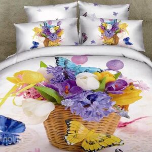 Flower Basket and Butterflies Print 4-Piece Cotton Duvet Cover Sets