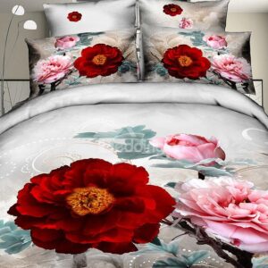 Gorgeous Peony Print 4-Piece Polyester Duvet Cover Sets