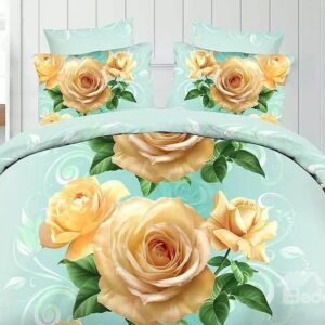 Cream Rose Print 4-Piece Polyester Duvet Covet Sets