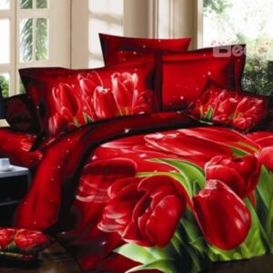 Luxury Elegant 3D Red Tulips Print Fitted Sheet