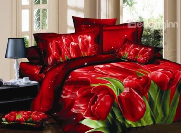 Luxury Elegant 3D Red Tulips Print Fitted Sheet