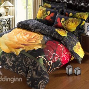 Graceful Floral Print 5-Piece Black Comforter Sets