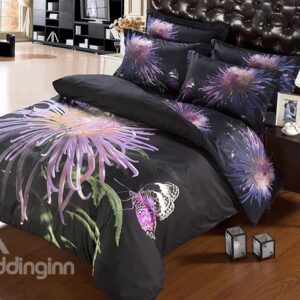 Elegant Noble Purple Chrysanthemum Butterfly Print 5-Piece Comforter Sets