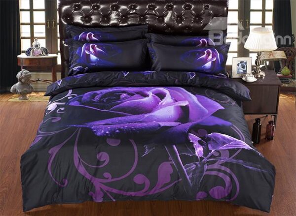 Mysterious Noble Purple Rose 5-Piece Black Comforter Sets