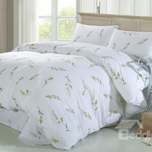 Fresh Graceful Green Twig Print 4-Piece Cotton Duvet Cover Sets