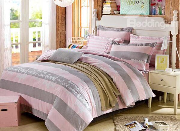 100% Cotton Distict English Words and Strip Print 4-Piece Bedding Sets