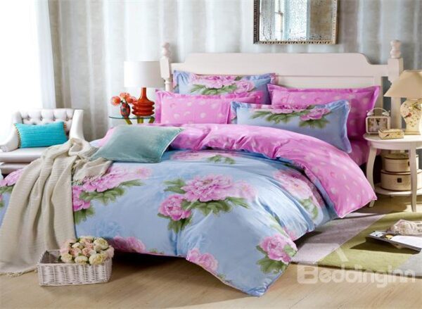 Beautiful Pink Floral Print 4-Piece Cotton Bedding Sets
