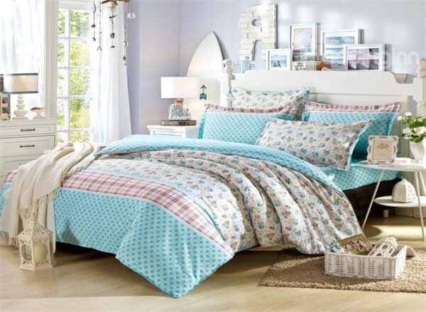 100% Cotton Beautiful Blue Flower Print 4-Piece Bedding Sets