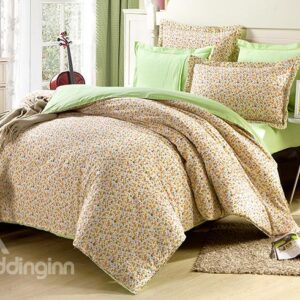 Unique Tiny Flower Pattern with Green Background 4-Piece Cotton Duvet Cover Sets