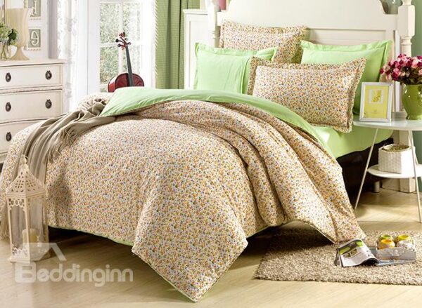 Unique Tiny Flower Pattern with Green Background 4-Piece Cotton Duvet Cover Sets