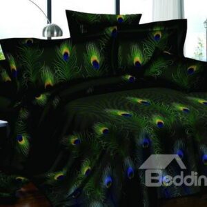 Graceful Noble Peacock Feathers Print Black One Pair Pillowcases