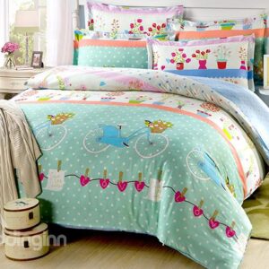 Fragrant Flowers and Aqua Bicycles Pattern 100% Cotton 4-Piece Bedding Sets