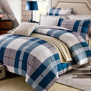 Plain Blue and Gray Checker Print 4-Piece Bedding Sets