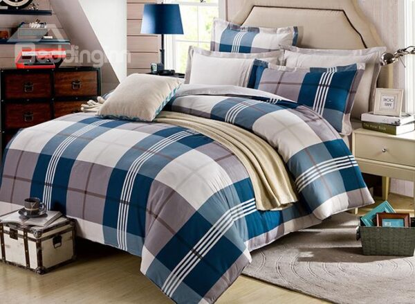 Plain Blue and Gray Checker Print 4-Piece Bedding Sets