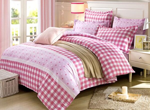 Pink Checkered Squares with Stars Pattern 4-Piece Bedding Sets