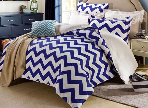 Bright Navy and White Folding Line Stripe 4-Piece Bedding Sets
