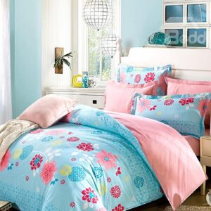 Blooming Flowers with Romantic Blue background 100% Cotton 4-Piece Bedding Sets
