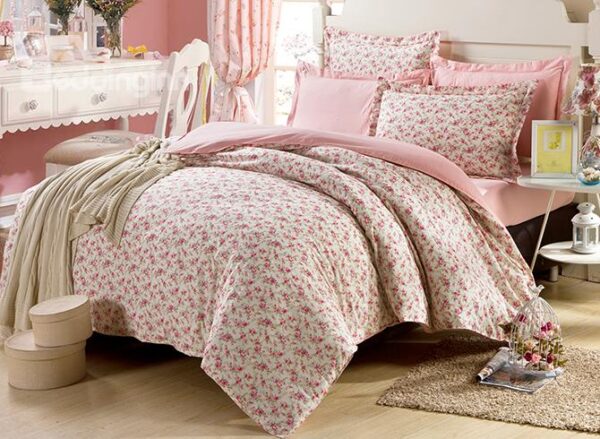 Lovely Pink Ground with Blooming Flowers Print 4-Piece Bedding Sets