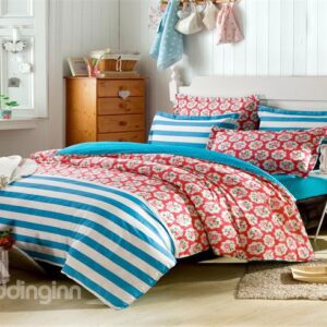 Blooming Flower and Blue Stripe Pattern 4-Piece Bedding Sets