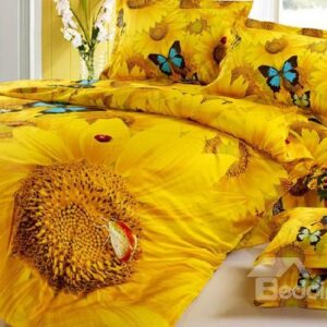 Mysterious Bright Sunflowers Butterflies Yellow Cotton Bed Skirt
