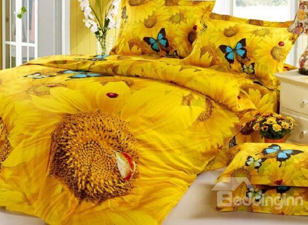 Mysterious Bright Sunflowers Butterflies Yellow Cotton Bed Skirt