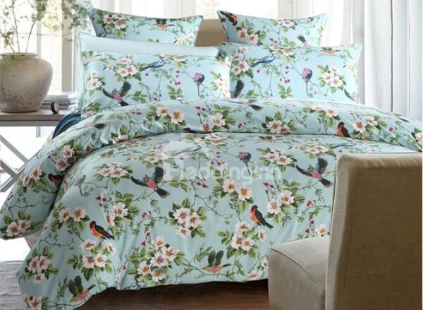 American Pastoral Style Floral Birds Print 4-Piece Duvet Cover Sets