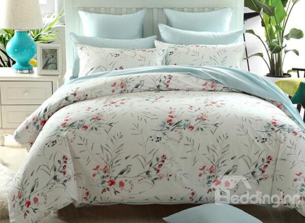 Pastoral Concise Style Birds Red Flower 4-Piece Duvet Cover Sets